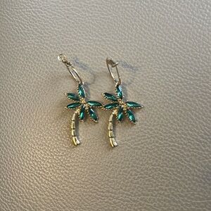 Gold and green palm tree hoop earrings